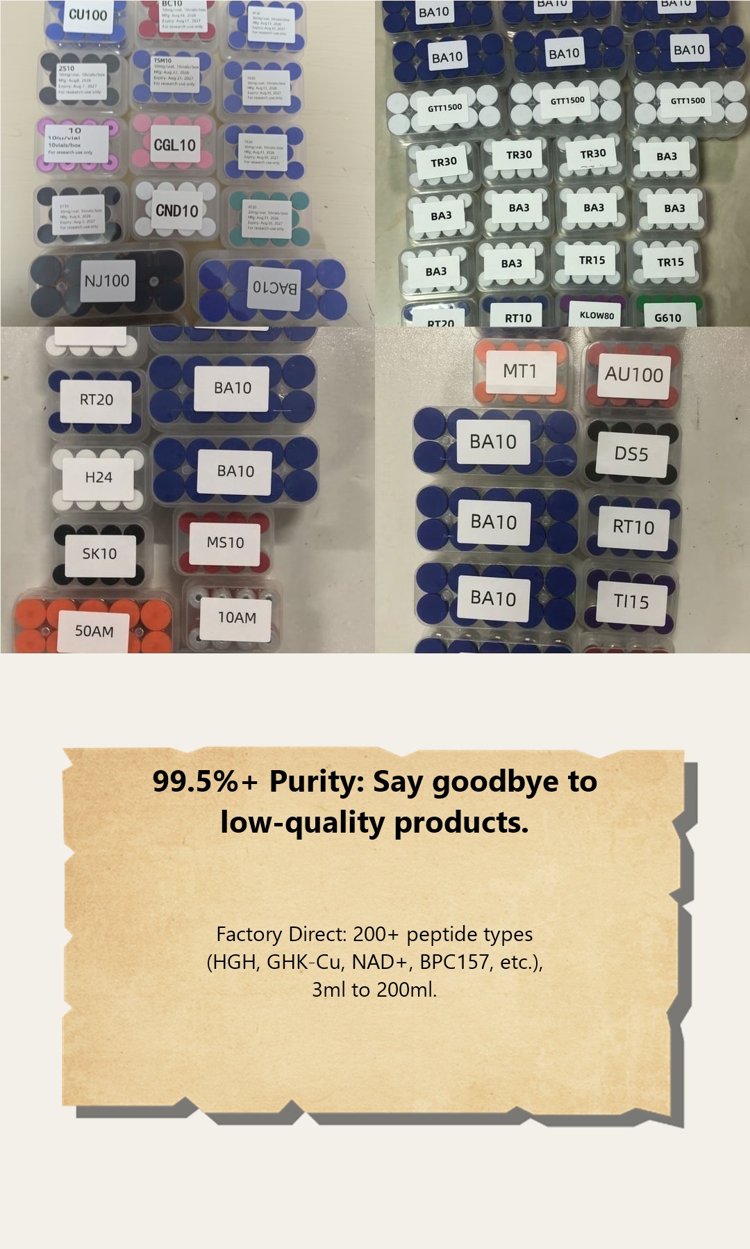 Four views of 20 AMINOS product packaging with purity and factory-direct supply details